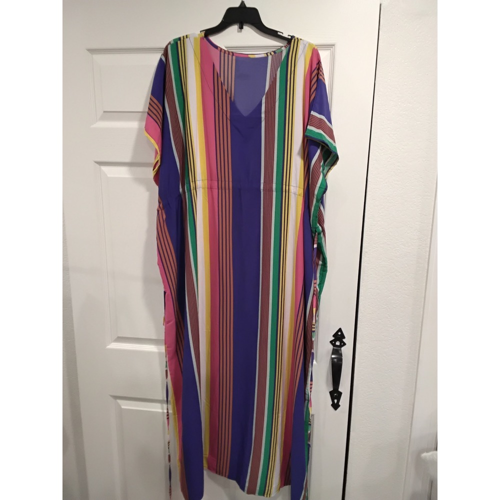 Multi Color Vertical Stripe Kaftan Maxi Dress V-Neck Drawstring Waist Coverup‎